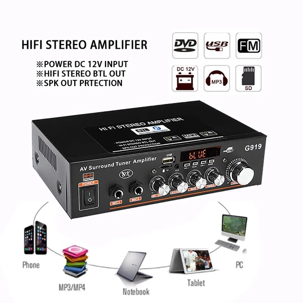 G919 Akıllı Dijital Güç Amplifikatörü Bluetooth USB SD FM Destekli Mini Güç Amplifikatörü EU Priz - 7