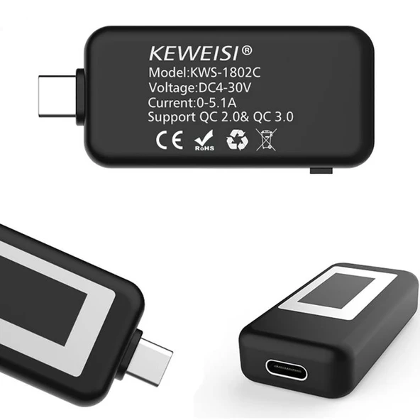KEWEISI Çok Fonksiyonlu Type-C USB-C Dijital Voltmetre Ampermetre Beyaz - 3