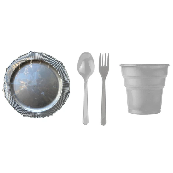 Omeyva 26 Cm. Mika Plastik Gümüş Sorfa Piknik Seti - 48 Kişilik Tabak Bardak Çatal Kaşık Takımı ürün görseli 1