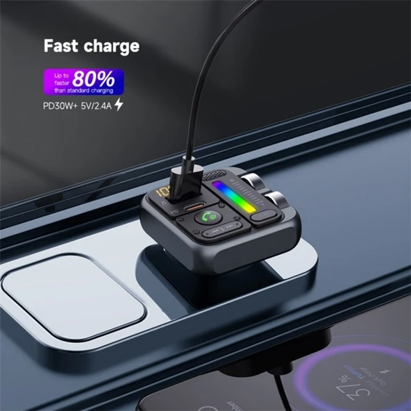 MT04 Araç Bluetooth Adaptörü Type-C ve USB Şarj Cihazı FM Verici HiFi Müzik MP3 Çalar - 5