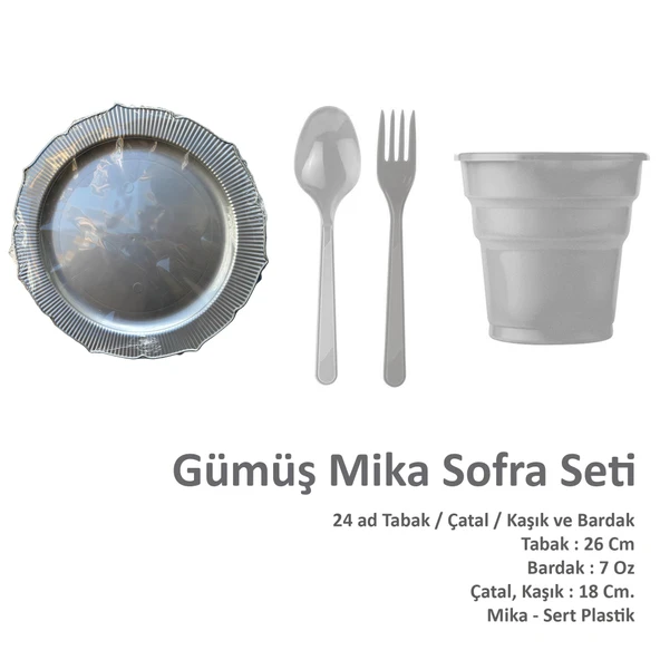Omeyva 26 Cm. Mika Plastik Gümüş Sorfa Piknik Seti - 24 Kişilik Tabak Bardak Çatal Kaşık Takımı - 2