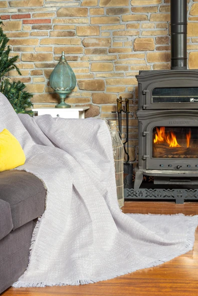 PureCot Premium Pamuklu Püsküllü Koltuk Örtüsü 180x300 Large Çift Taraflı Terletmez Kaymaz , Gri - Resim 2