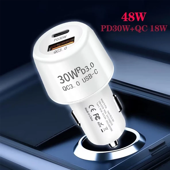 P29 48W PD30W ve QC3.0 18W Beyaz Çift USB Portlu Araç Şarj Cihazı - 5