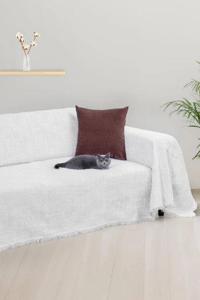 PureCot Premium Pamuklu Püsküllü Koltuk Örtüsü 180x300 Large Çift Taraflı Terletmez Kaymaz , Gri ürün görseli 1