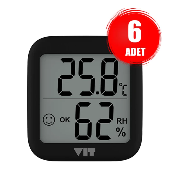 VIT 6'lı İç Mekan Dijital Isı ve Nem Ölçer Siyah Termometre BVT17-04