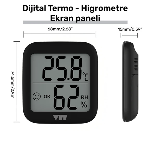VIT 4'lü İç Mekan Dijital Isı ve Nem Ölçer Siyah Termometre BVT17-03 - 4