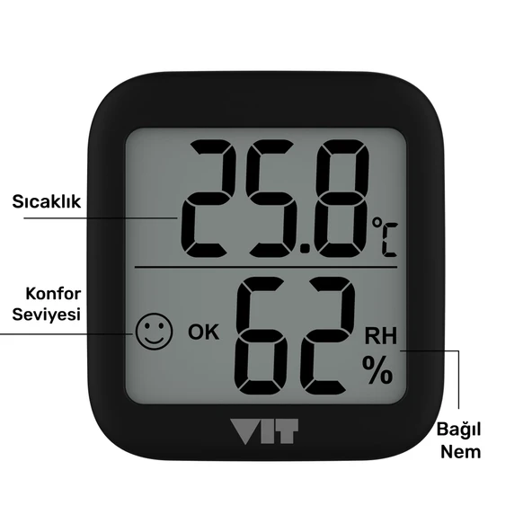 VIT 6'lı İç Mekan Dijital Isı ve Nem Ölçer Siyah Termometre BVT17-04 - 5