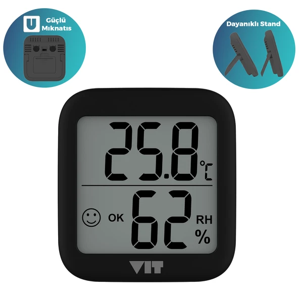 VIT 2'li İç Mekan Dijital Isı ve Nem Ölçer Siyah Termometre BVT17-01 - 2