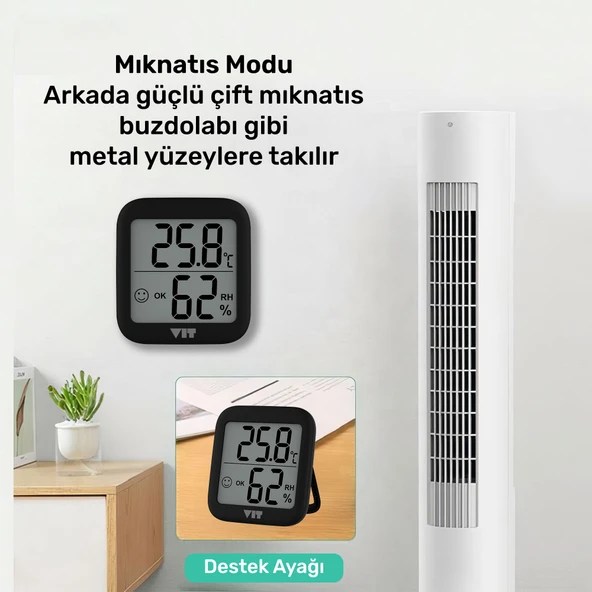 VIT 4'lü İç Mekan Dijital Isı ve Nem Ölçer Siyah Termometre BVT17-03 - 6