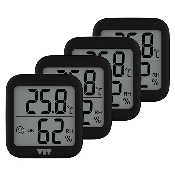 VIT 4'lü İç Mekan Dijital Isı ve Nem Ölçer Siyah Termometre BVT17-03