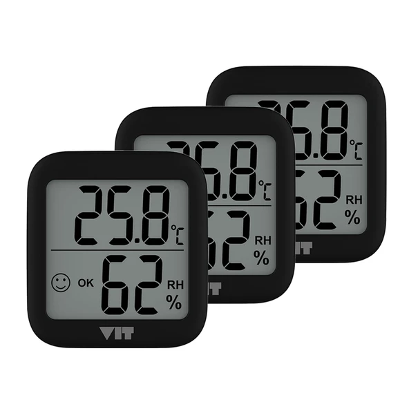VIT 3'lü İç Mekan Dijital Isı ve Nem Ölçer Siyah Termometre BVT17-02