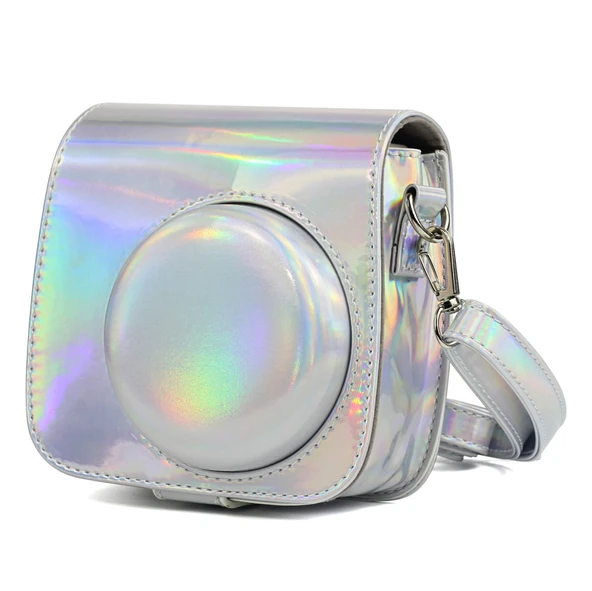Aurora Yağlı Boya Tam Kaplama PU Deri Kamera Çantası Askılı Gümüş FUJIFILM Instax Mini 9 8 Plus 8 Uyumlu