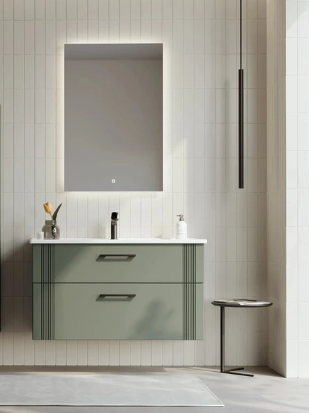 Orka Bari 100 cm Mat Yeşil Banyo Dolabı Takımı (Ledli Ayna)