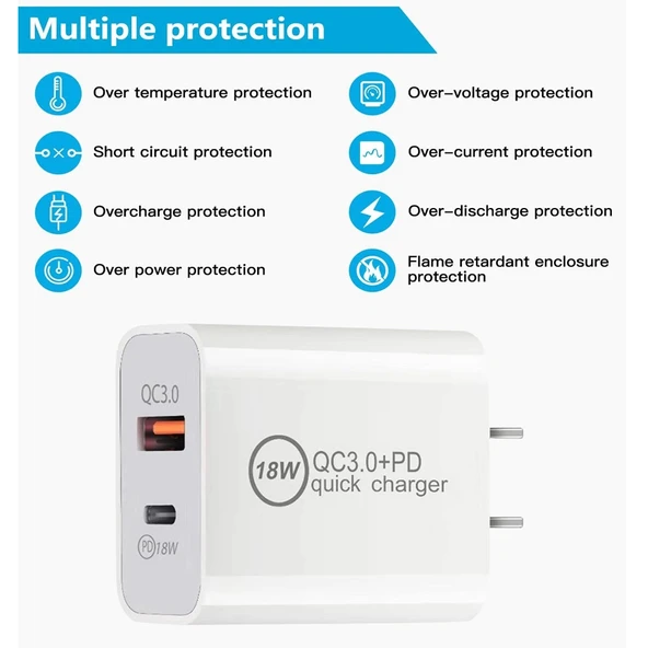 SDC 18W PD 3.0 Type C USB C ve QC 3.0 USB Çift Hızlı Şarj Evrensel Seyahat Şarj Cihazı USB den 8 Pin Hızlı Şarj Veri Kablosu ile ABD Fişi - 6