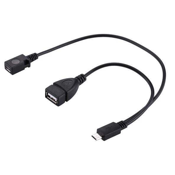 USB 2.0 Micro-B Erkek to USB 2.0 Micro-B Dişi Erkek ve USB 2.0 Dişi Y Ayırıcı OTG Kablosu Siyah 19cm - 2