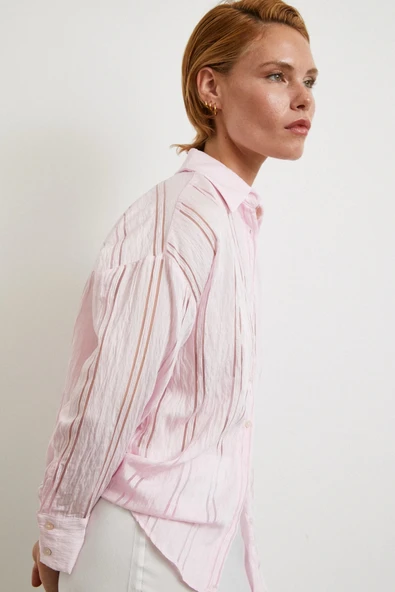 Organze Çizgili Gömlek Pembe - Resim 3