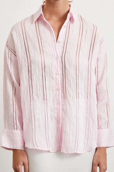 Organze Çizgili Gömlek Pembe - Resim 6