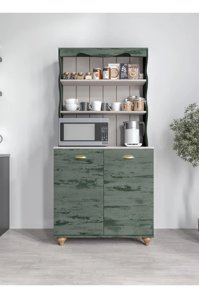 KZNMOB HOME Bohem Tarzda Kahve Köşesi Kaktüs Yeşili, Erzak Dolabı, Kiler Dolabı, Çok Amaçlı Mutfak Dolabı - Resim 3