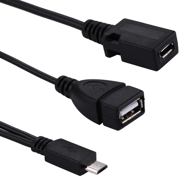 USB 2.0 Micro-B Erkek to USB 2.0 Micro-B Dişi Erkek ve USB 2.0 Dişi Y Ayırıcı OTG Kablosu Siyah 19cm - 3
