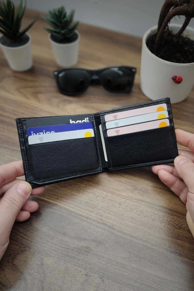 Siyah Hakiki Deri Cüzdan Kişiye Özel İsim Baskılı 12 Kartlık Ve Çift Para Bölmeli İnce Model - Resim 2