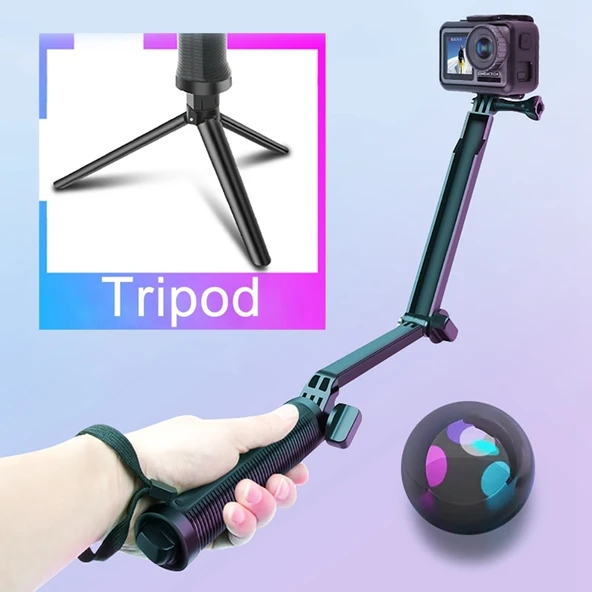 3 Yollu Monopod Tripod ve Tutacak Taşınabilir Sihirli Montaj Selfie Çubuğu GoPro Hero Serisi ve Diğer Aksiyon Kameraları için Uzatma Boyu 20-62cm - 12