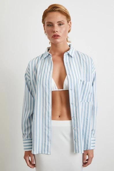 Multi Çizgili Cepli Gömlek Mavi - Resim 4