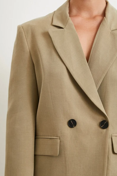Çift Düğmeli Keten Blazer Ceket Haki - 5