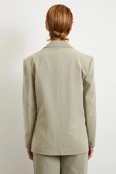 Çift Düğmeli Keten Blazer Ceket Gri - 6
