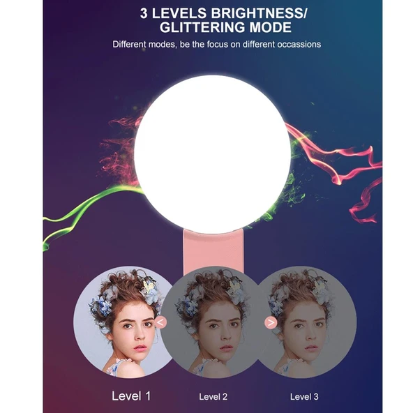 RK17 Mini Taşınabilir Canlı Yayın Güzellik Işığı 3 Kademeli Parlaklık Pembe 9 LED Işık - 8