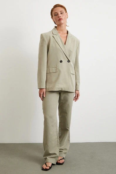 Çift Düğmeli Keten Blazer Ceket Gri - 2