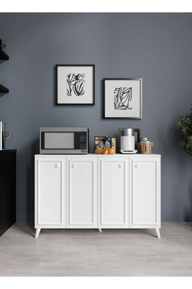 KZNMOB HOME Stella Çok Amaçlı Country Dolap, 4 Kapaklı Country Kiler Mutfak Dolabı Beyaz, Country Konsol