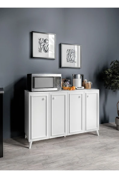 KZNMOB HOME Stella Çok Amaçlı Country Dolap, 4 Kapaklı Country Kiler Mutfak Dolabı Beyaz, Country Konsol - 3
