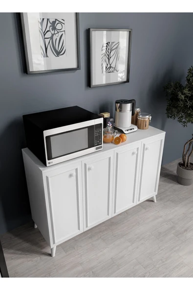 KZNMOB HOME Stella Çok Amaçlı Country Dolap, 4 Kapaklı Country Kiler Mutfak Dolabı Beyaz, Country Konsol - 2