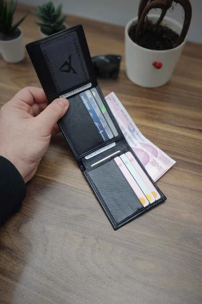 Siyah Hakiki Deri Cüzdan Kişiye Özel İsim Baskılı 12 Kartlık Ve Çift Para Bölmeli İnce Model - Resim 7