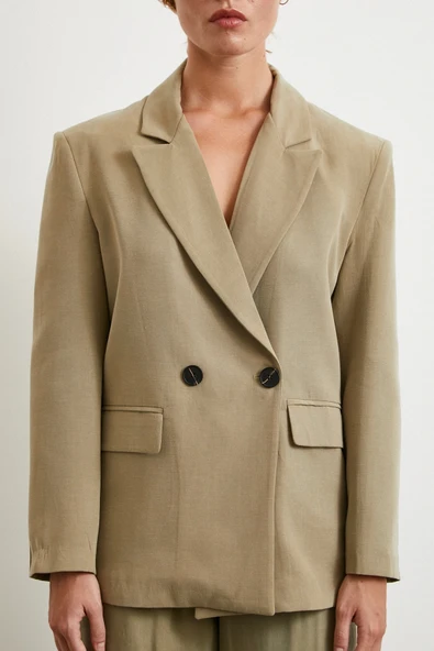 Çift Düğmeli Keten Blazer Ceket Haki - 4