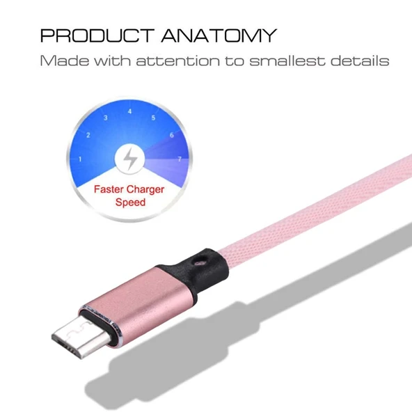 1 Metre 2A Çıkışlı USB Mikro USB Naylon Örgü Veri Senkronizasyon ve Şarj Kablosu Pembe - 5