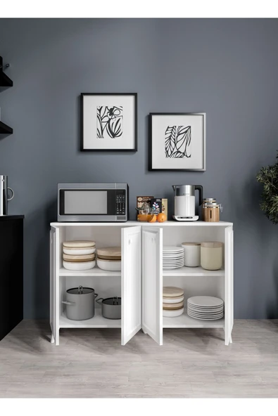 KZNMOB HOME Stella Çok Amaçlı Country Dolap, 4 Kapaklı Country Kiler Mutfak Dolabı Beyaz, Country Konsol - 4