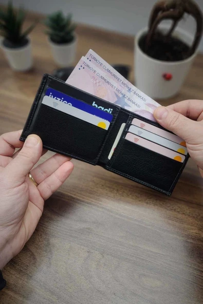 Siyah Hakiki Deri Cüzdan Kişiye Özel İsim Baskılı 12 Kartlık Ve Çift Para Bölmeli İnce Model - Resim 4