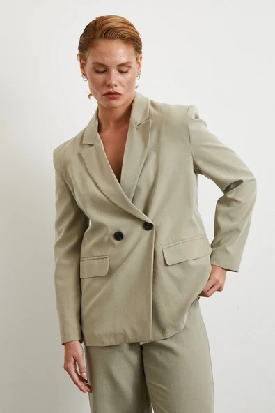 Çift Düğmeli Keten Blazer Ceket Gri - 3