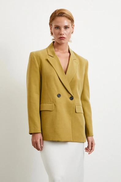 Çift Düğmeli Keten Blazer Ceket Olive