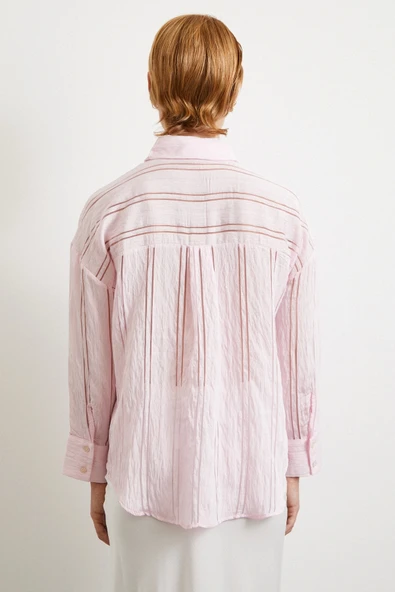 Organze Çizgili Gömlek Pembe - Resim 5