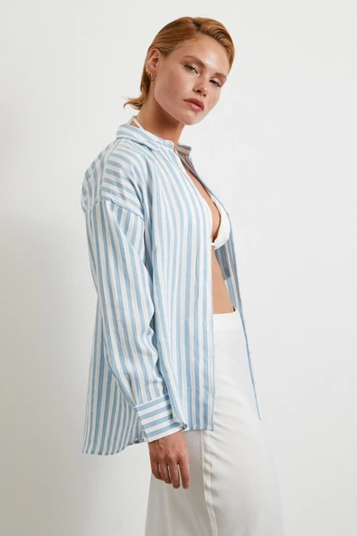 Multi Çizgili Cepli Gömlek Mavi ürün görseli