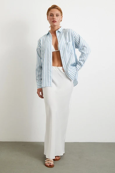 Multi Çizgili Cepli Gömlek Mavi - Resim 2