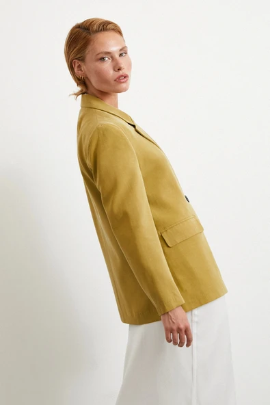 Çift Düğmeli Keten Blazer Ceket Olive - 3