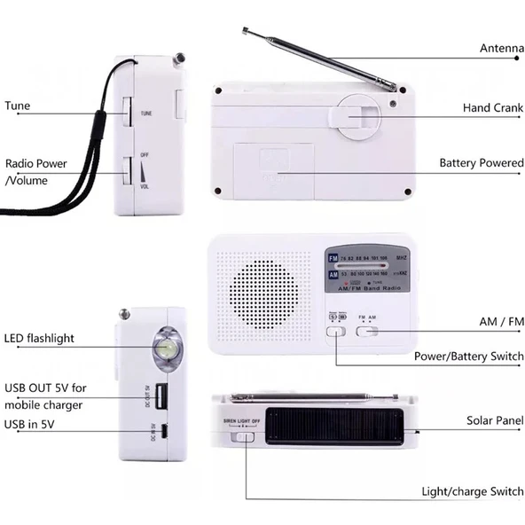 RD369 Model Çok Fonksiyonlu Taşınabilir Güneş Enerjili El Dinamosu LED Fener AM FM Radyo ve Telefon Şarj Cihazı - 2