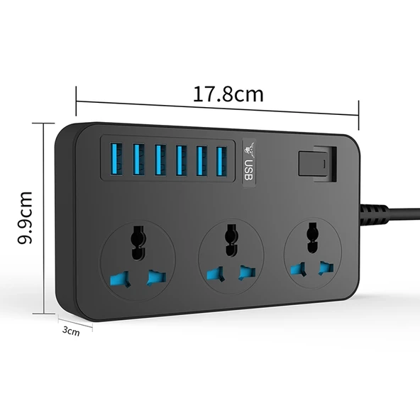 T09 3000W Yüksek Güç Çok Fonksiyonlu 3 Delikli Uluslararası Evrensel Priz 6 USB Akıllı Şarjlı ABD Prizi - 7