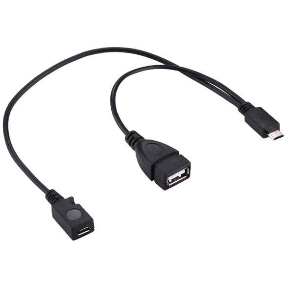 USB 2.0 Micro-B Erkek to USB 2.0 Micro-B Dişi Erkek ve USB 2.0 Dişi Y Ayırıcı OTG Kablosu Siyah 19cm