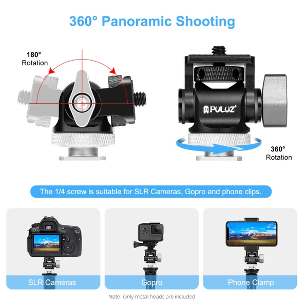 PULUZ Mini 180 Derece Döner Tripod Top Başlık Soğuk Ayakkabı Adaptörü Gri - 4