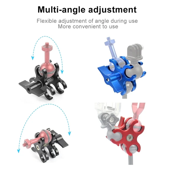 PULUZ Üçlü Top Kelepçe Açık Delik Dalış Kamera Aparatı CNC Alüminyum Yaylı Fener Kelepçesi Kırmızı - 4