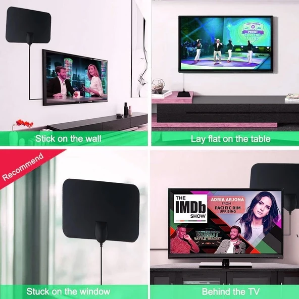 AN-1001 Modeli 5dBi 25dBi İç Mekan HDTV Anteni Çift Taraflı Yapışkanlı Siyah VHF170-230 UHF470-862MHz - 7